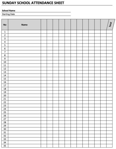 Church Weekly Attendance Sheet Printable