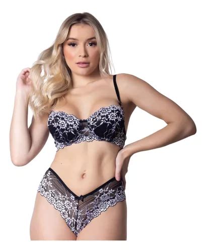 Conjunto Lingerie Calcinha E Sutiã Em Renda Bicolor Bojo