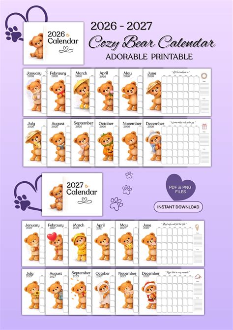 cozy bear calendar printable adorable kids monthly planner