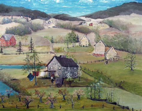 Oil Painting On Linen Spring Scene Folk Art Primitive Etsy Spring