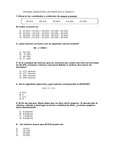 Prueba Semestral 4° Básico Pdf