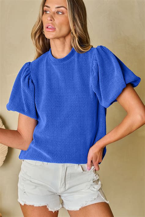 12 56 Sky Blue Solid Textured Puff Sleeve Mock Neck Blouse Ds Dear