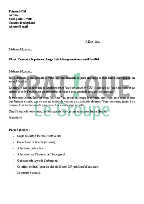 Lettre de demande de prise en charge des frais d hébergement en accueil