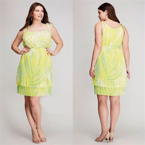 Lane Bryant Dress Pleated Lined Tropical Green Yellow Plus Size 22 24