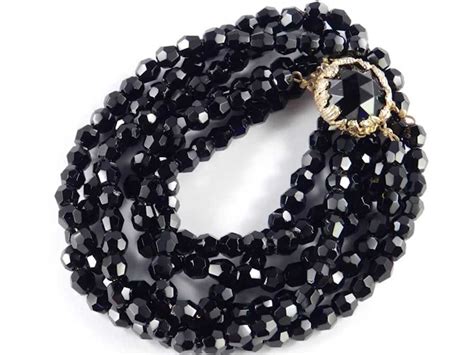 Triple Three Strand Row Jet Black Glass Bead Necklace Gem