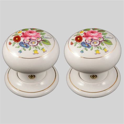 Ceramic Door Knob Set White Floral Chintz Design Pair Etsy