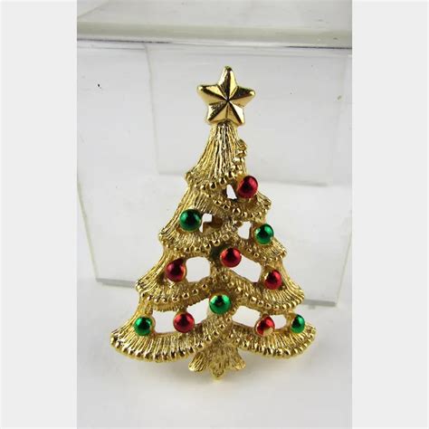 Vintage Gerry S Gold Tone Christmas Tree With Red And Green Ornaments Ruby Lane