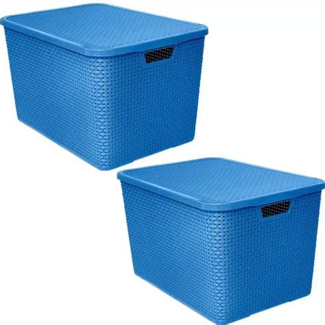 Kit 2 Caixas Organizadoras Rattan Tampa 20 Litros Color Cor Azul