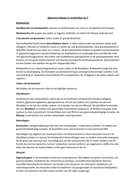 Algemene Biologie En Weefselleer Bindweefsel Algemene Biologie En