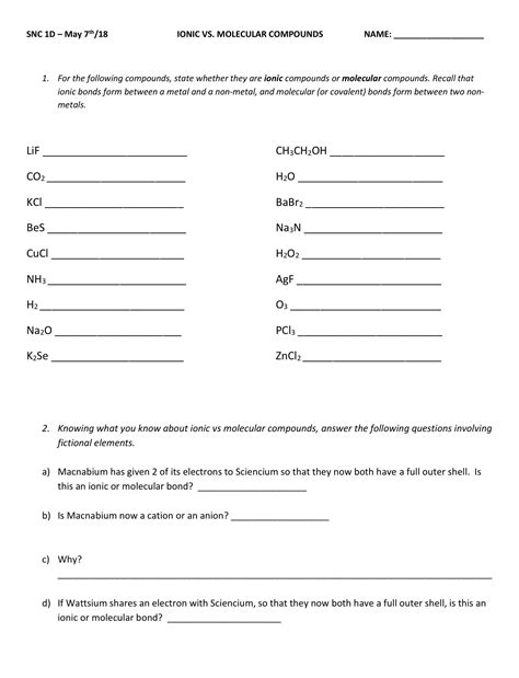 Is It Ionic or Molecular - Worksheet.pdf | Covalent bonding worksheet ...