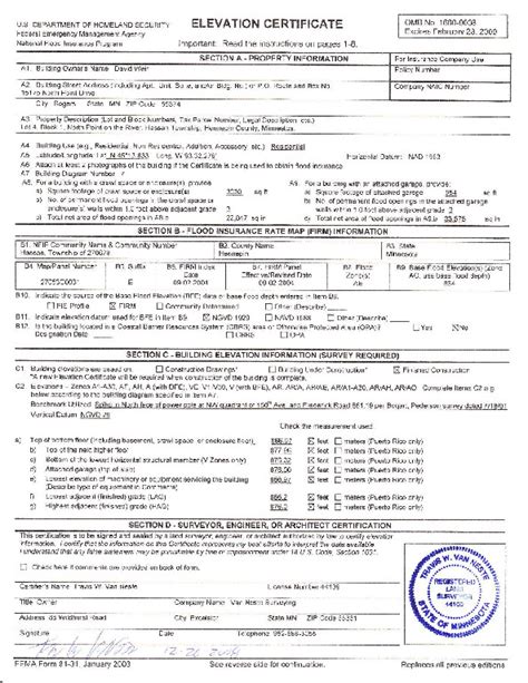 Sample Of Completed Elevation Certificate