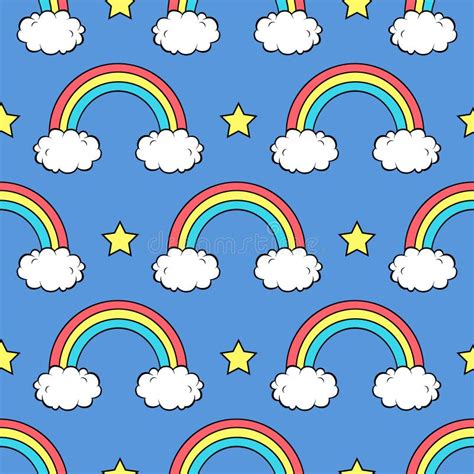 Seamless Pattern With Cute Cartoon Clouds With Rainbows And Stars Stock