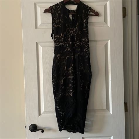 Privy Dresses Black Lace Dress With Nude Underskirt And Side Slit