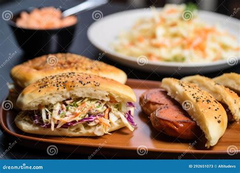 Focaccia Sandwich With Mortadella Cheese And A Side Of Coleslaw Stock