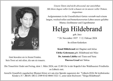 Traueranzeigen Von Helga Hildebrand Trauer Anzeigen De