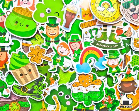 50 Pcs St Patricks Day Sticker Pack Irish Holiday Leprechaun Four Leaf Clover Shamrock Pot Of