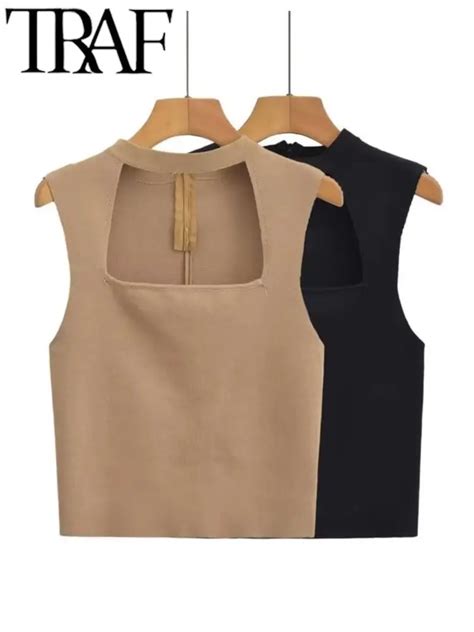 TRAF Casual Women Sleeveless Vest Sweater Sexy Hollow Out Sleeveless