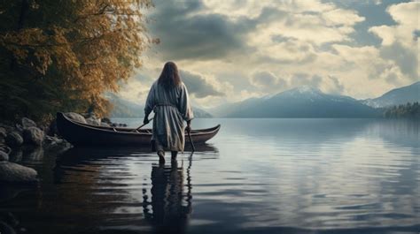 Jesús caminando hacia una canoa en el lago Foto Premium