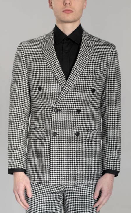 Mens Black And White Large Houndstooth Double Breasted Suit