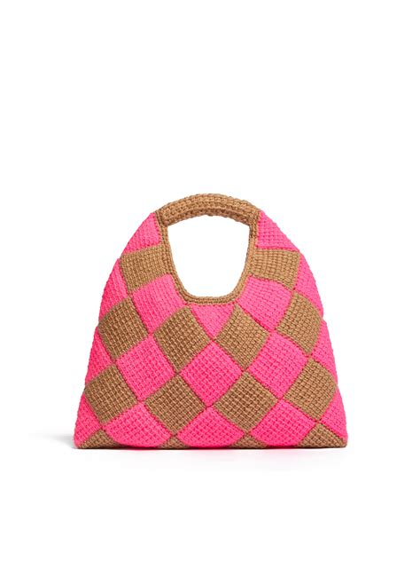 Marni Market Diamond Medium Bag In Pink And Brown Tech Wool Marni