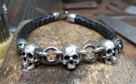 Skull Bracelet Sterling Silver Skull Bracelet Silver And Leather Bracelet Skull Chain