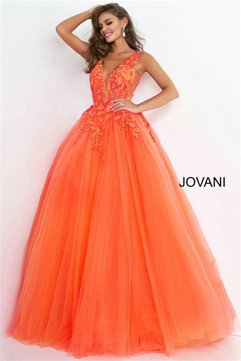 Jovani 02840 Orange Tulle V Neck Prom Ballgown Orange Prom Dresses