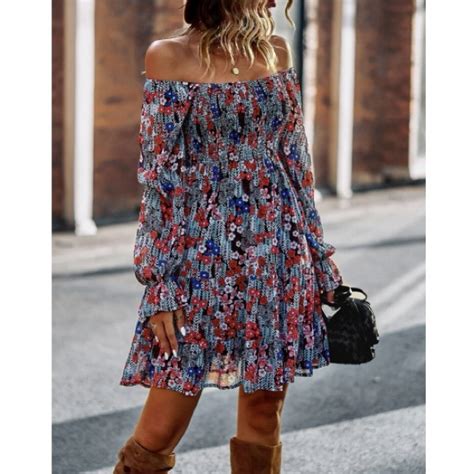 Dresses Boho Floral Print Off Shoulder Flounce Sleeve Dress Poshmark