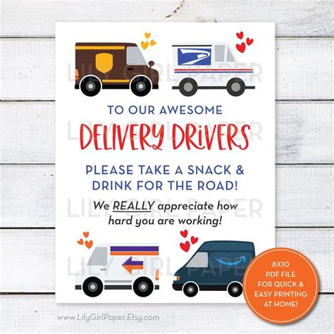 Delivery Driver Snack Drink Sign Mail Carrier Packages Etsy Drink