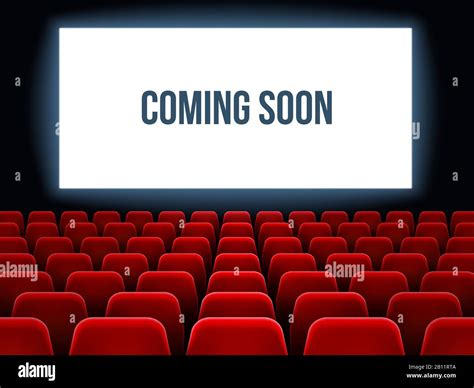 Cinema hall. Movie interior with coming soon text on white screen and empty red seats. Movie ...