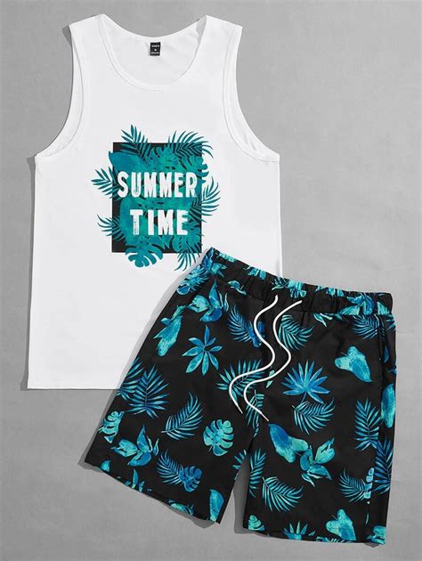 Manfinity RSRT Men Tropical Slogan Graphic Tank Top Drawstring