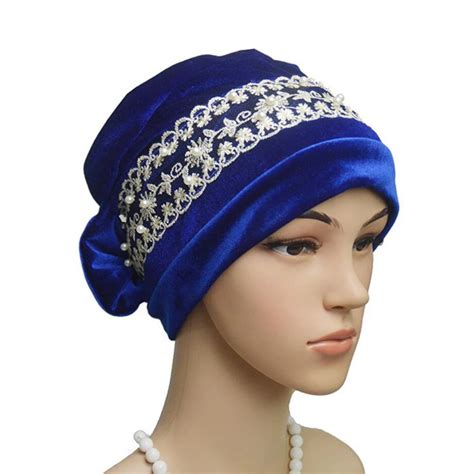 Muslim Women Plain Velvet Turban Hijab Cap Lace Pearl Islamic Hair Wrap