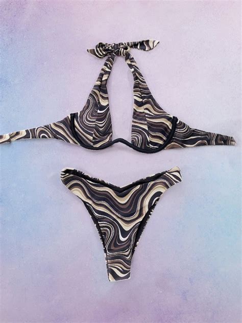 Emmiol Free Shipping Swirl Print Halter Underwire Bikini Set Black