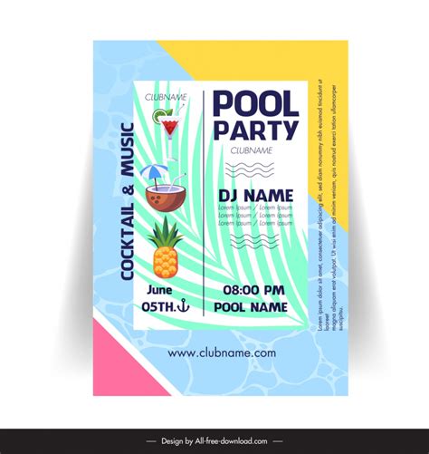 Pool Party Invitation Card Template Flat Pineapple Coconut Cocktail