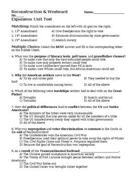 Reconstruction Westward Expansion Unit Test W Modified Test Key