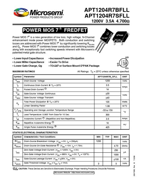 Apt R Sfll Microsemi Mosfet Hoja De Datos Ficha T Cnica