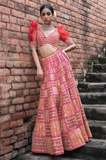 Buy Fuchsia Dupion Silk Embroidered Mirror And Lehenga Set With Puff