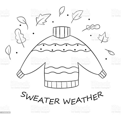 Sweater Weather Autumn Vector Line Illustration With Falling Leaves And