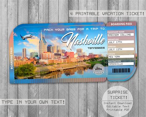 Nashville Tennessee Printable Editable Trip Tickets Boarding Etsy