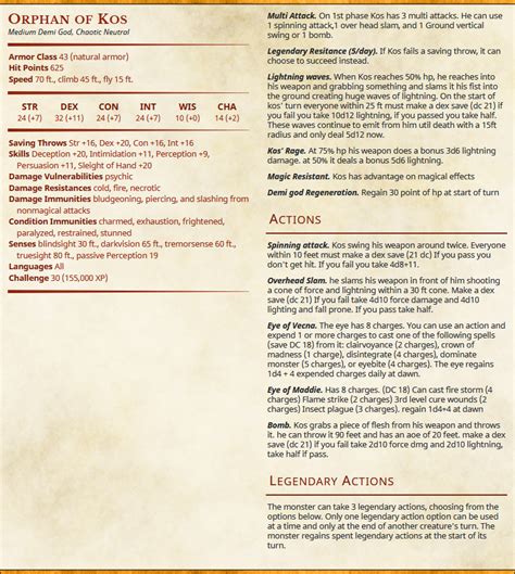 Orphan Of Kos Dungeons And Dragons Homebrew Dnd Monsters Dnd 5e