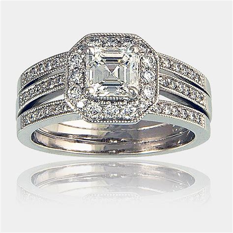 Sally Asscher Cut Diamond Halo Engagement Ring Triple Band