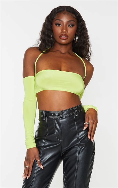 Lime Slinky Halterneck Long Sleeve Crop Top Prettylittlething Usa