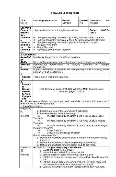 Dlp4 Math8q4 Dlp Mapeh 8 Detailed Lesson Plan Dlp No Learning Area Math Grade Level 8