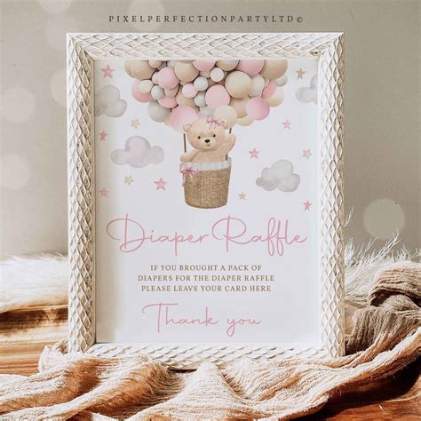 Teddy Bear Hot Air Balloon Shower Diaper Raffle Sign Girl Pink Teddy Bear Baby Shower We Can