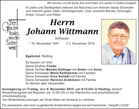 Traueranzeigen Von Johann Wittmann Mittelbayerische Trauer