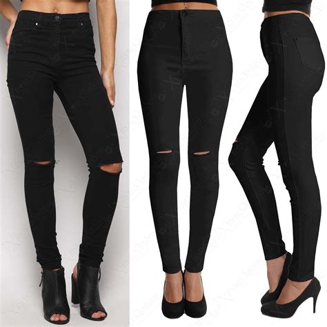 Ladies Black Ripped Knee Skinny Jeans Womens High Waisted Rip Cut Jeggings Look