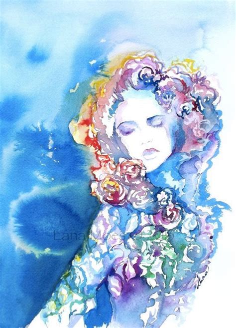 A Watercolor Painting Of A Woman With Flowers In Her Hair Wearing A