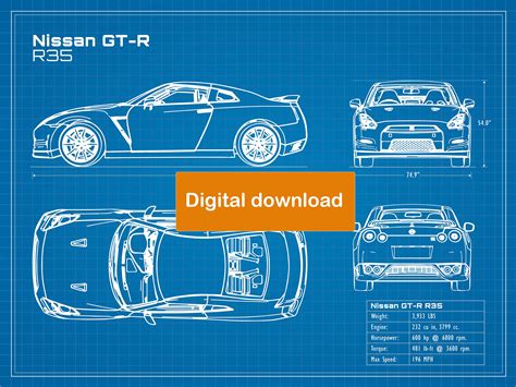 Nissan GT R R35 Blueprint Poster 18x24 JPEG Image File Car Art Poster