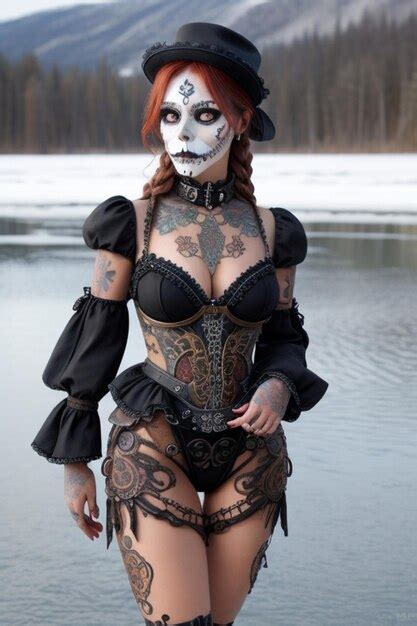 Premium Photo Realistic Sugar Skull Steampunk Woman With Tattoo