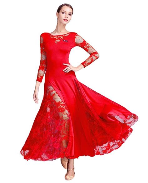 Zx Women S Ballroom Dance Dress Lace Sleeve Long Swing Skirt