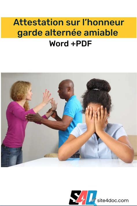 Modele attestation sur l honneur garde alternée amiable PDF Word